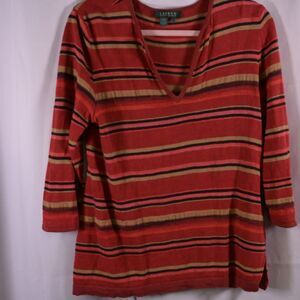 Lauren‎ Ralph Lauren Orange Striped V Neck Sweater Womens Large 3/4 Sleeve